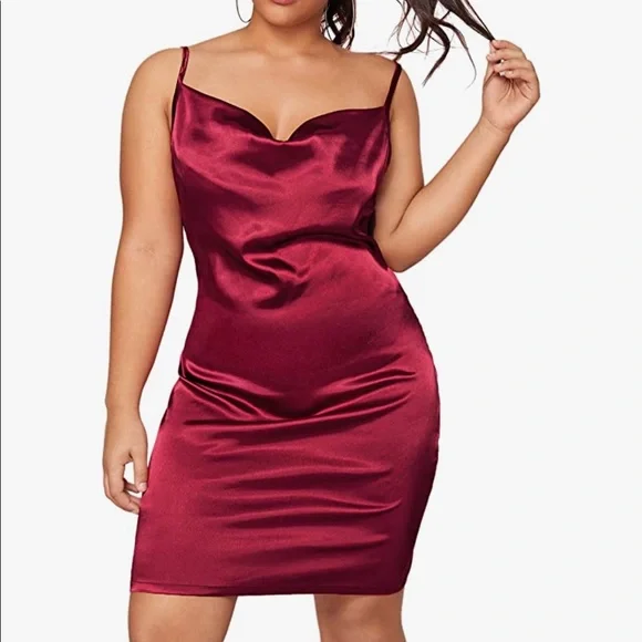 open lace back dress Olivia Metallic Satin Cowl Neck Red Maxi Dress, Mermaid Way, M main image 0